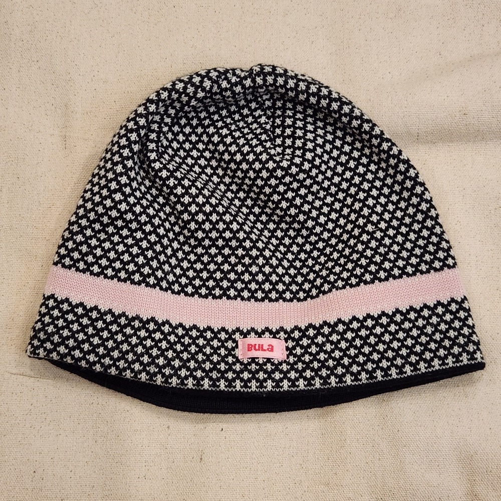 Bula Black White Pink Pattern Knit Beanie Winter Hat Polartec Lined Canada Wool
